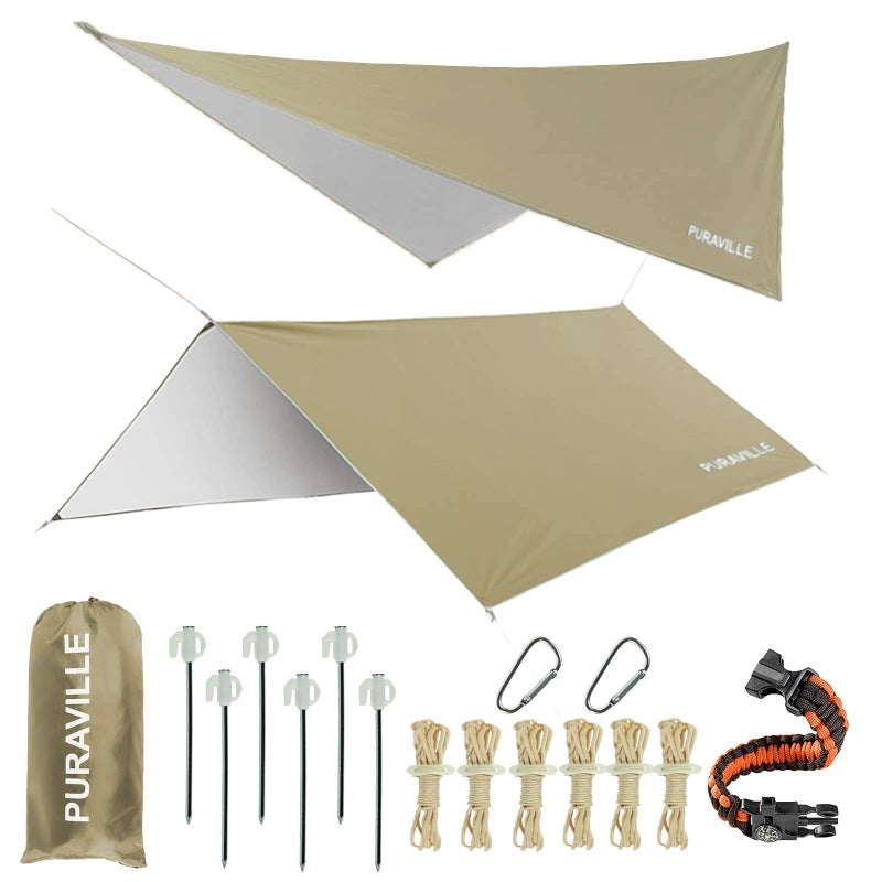 Puraville 10x10 ft Rectangle Lightweight Camping Tarps  Portable Waterproof Hammock Rain Fly Tent Tarp for Camping Backpacking  Khaki - Image 1